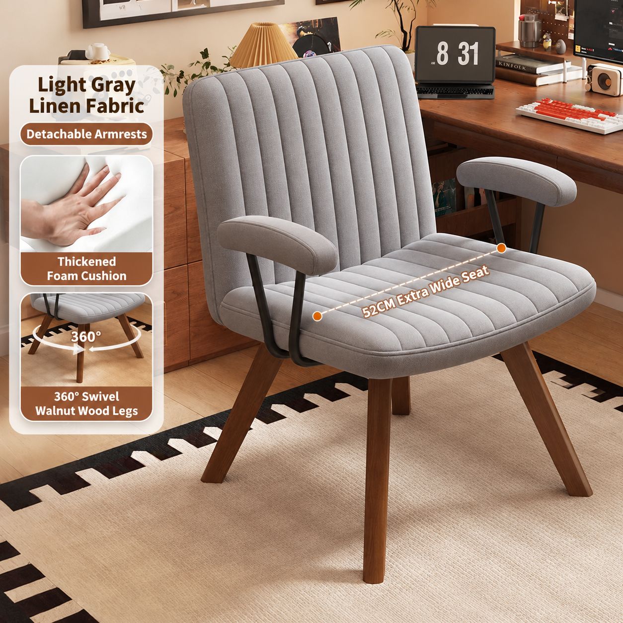 Light gray cotton and linen swivel chair surface [walnut wood legs]