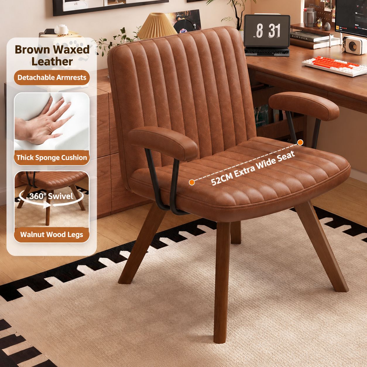 Brown oil wax leather swivel chair surface [walnut wood legs]