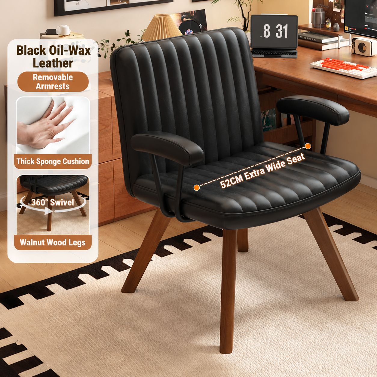 Black oil wax leather swivel chair surface [walnut wood legs]