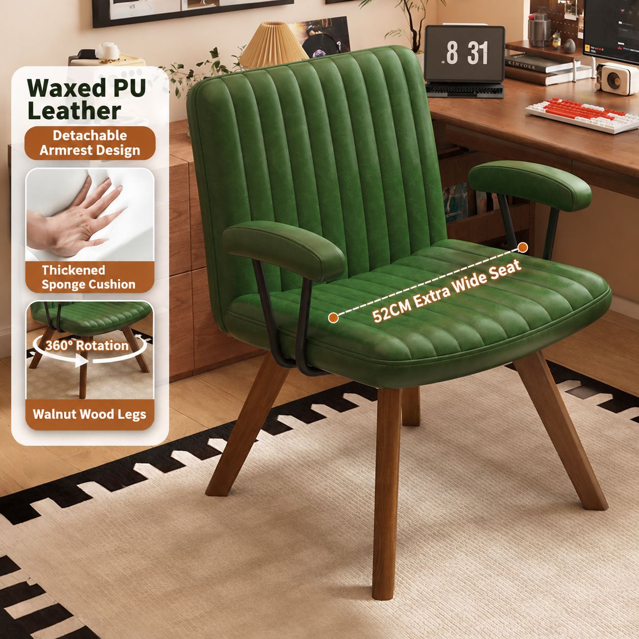Green oil wax leather swivel chair surface [walnut wood legs]