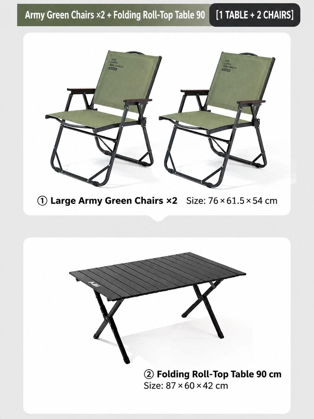[double package] military green chairs*2 black egg roll table 90cm