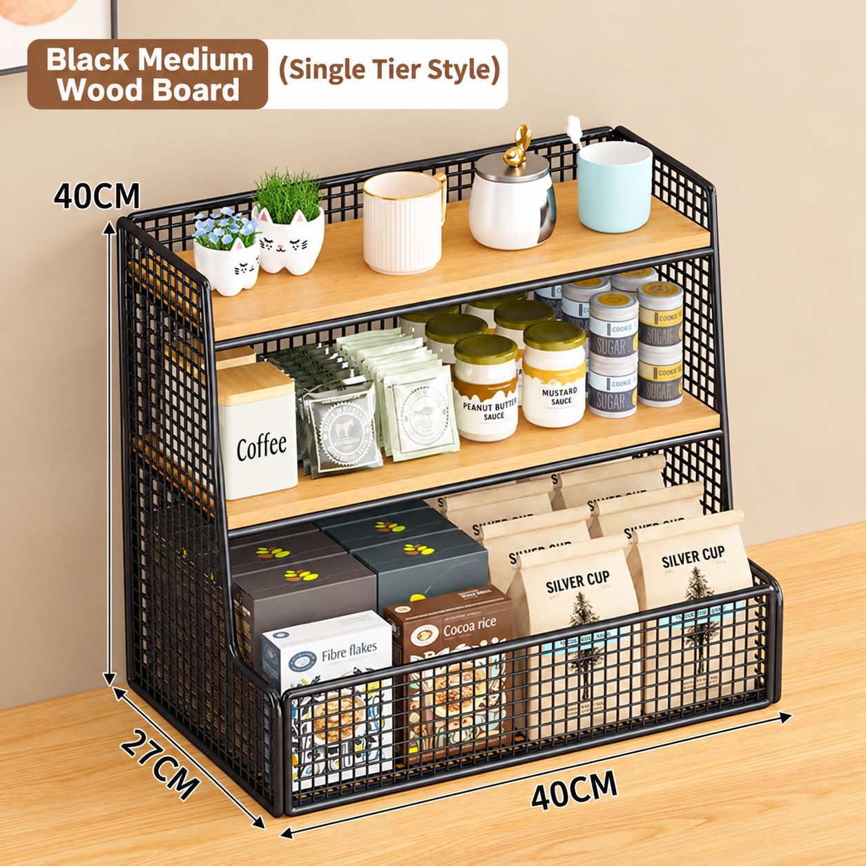 Black frame, natural wood color, medium size, single compartment - comes with side hook