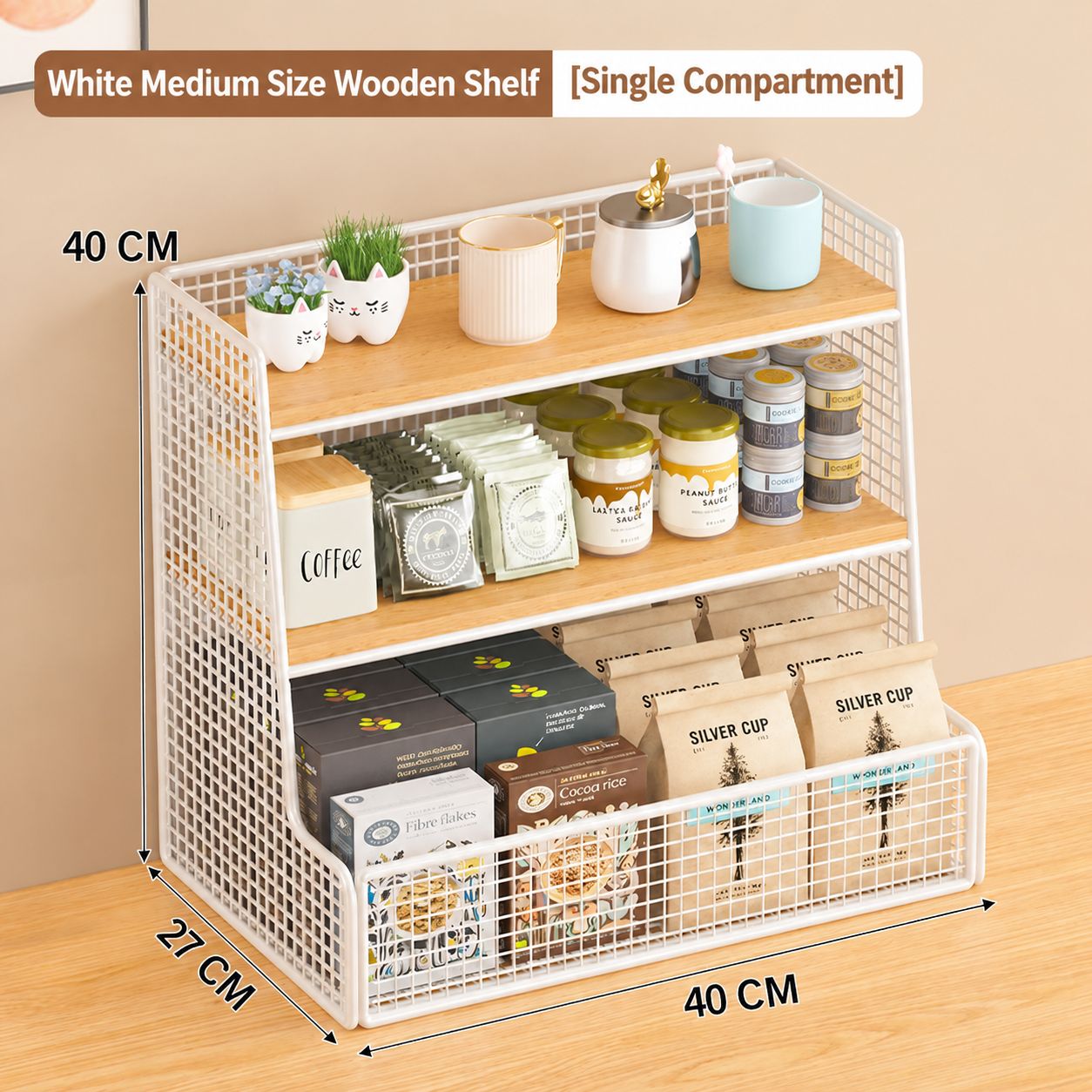 White frame, natural wood color, medium size, single compartment - comes with side hook