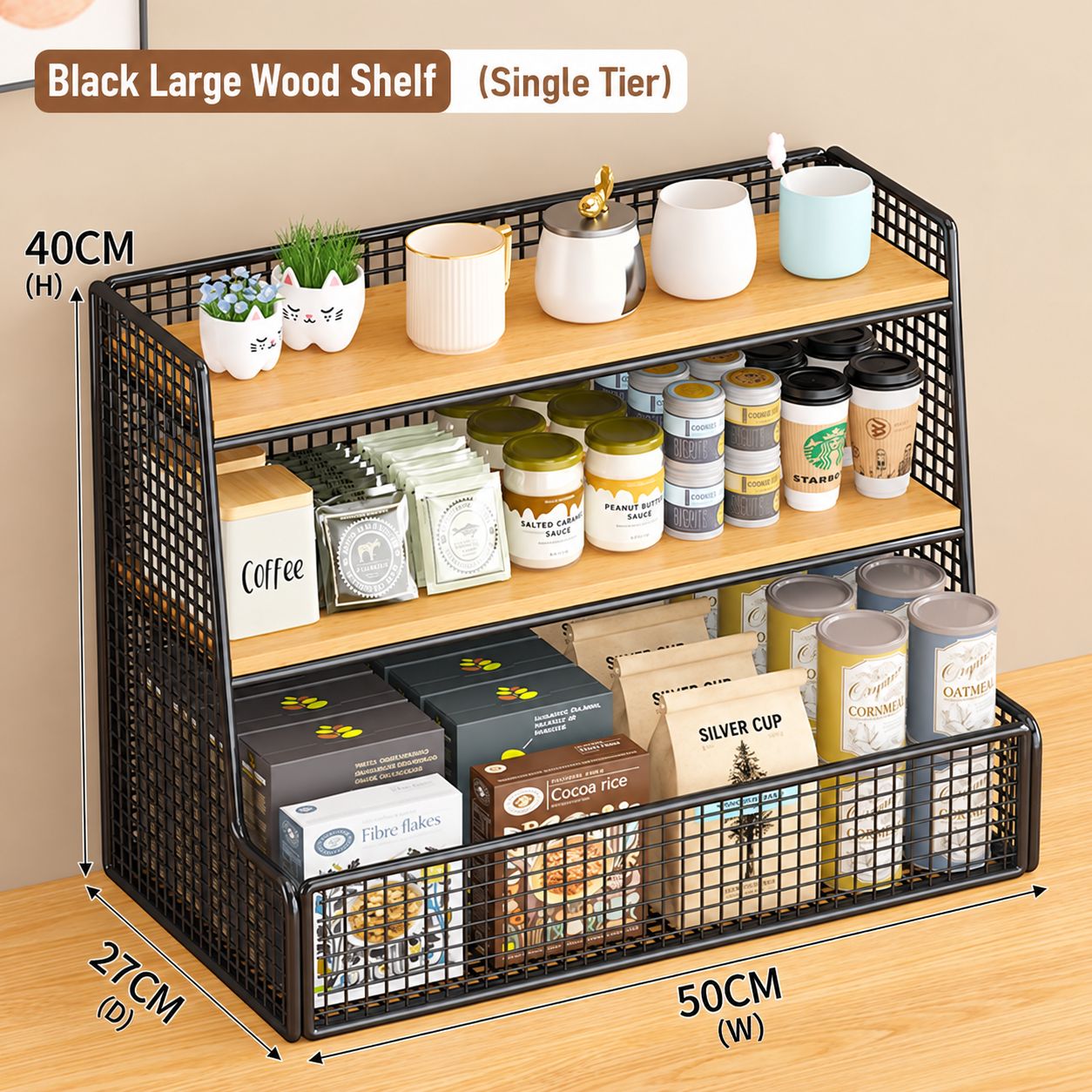 Black frame, natural wood color, large single compartment - comes with side hook