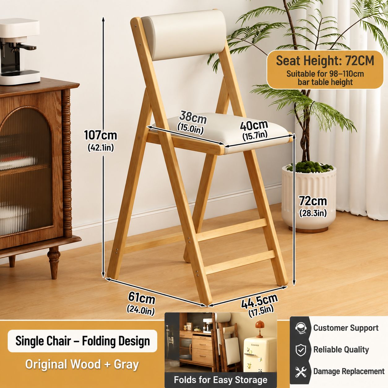 Bar stool 72 - natural finish folding chair - gray cushion
