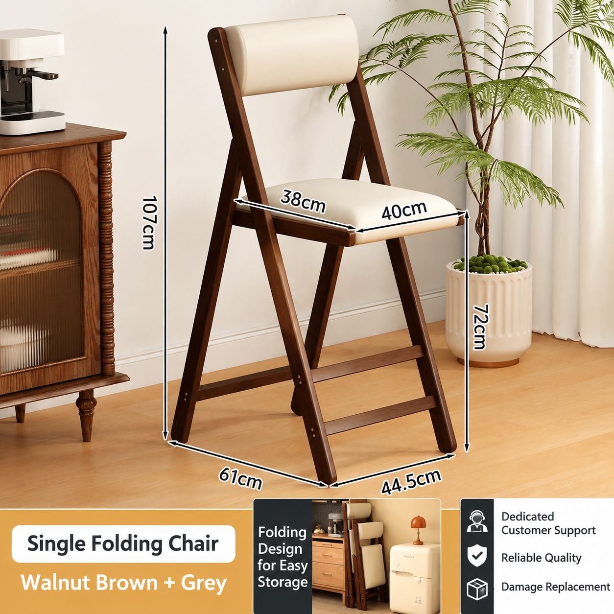 Bar chair 72-walnut folding chair-grey cushion