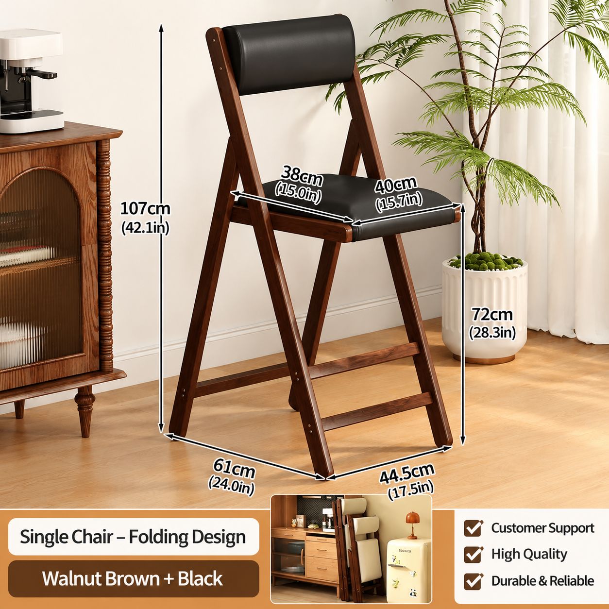 Bar chair 72-walnut folding chair-black cushion