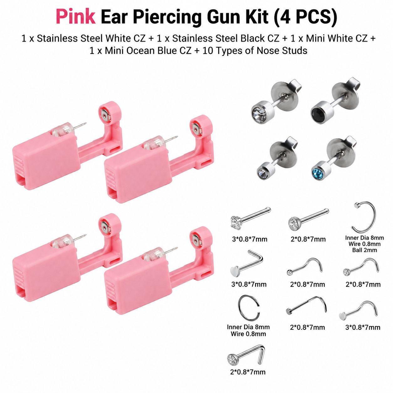 Pink ear hole gun 4-piece set 1 stainless steel Wh