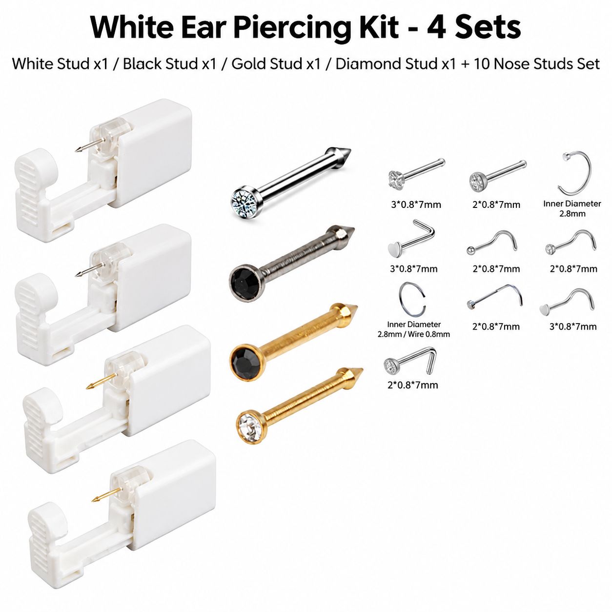 White ear hole gun 4-piece set silver white diamon