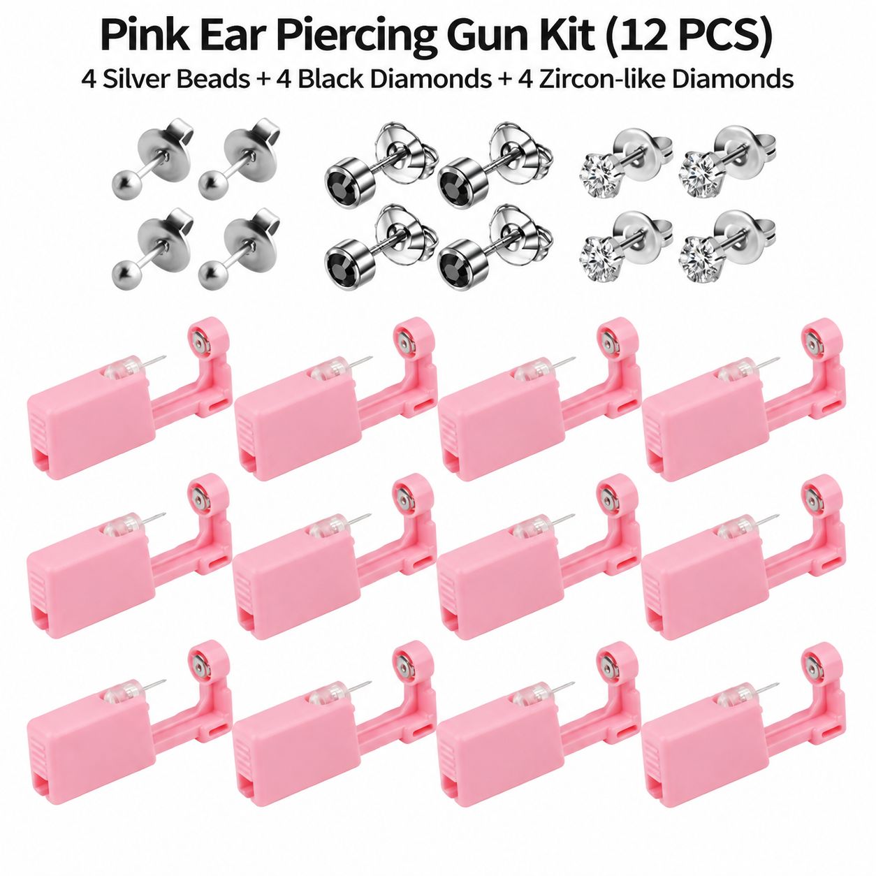 Pink ear hole Gun 12-piece set 4 silver peas4 blac