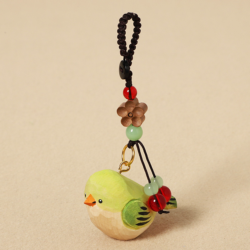Wood Carving Green Little Fat Bird - Peach Wood Pl