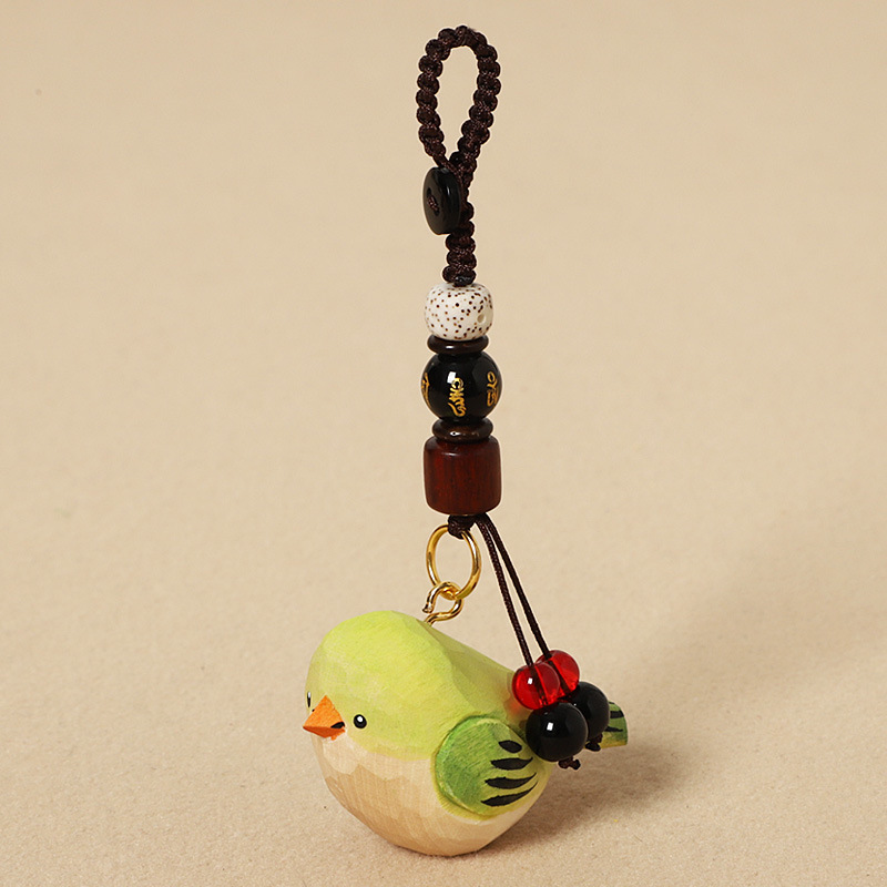 Wood-carved green little fat bird - Six-character