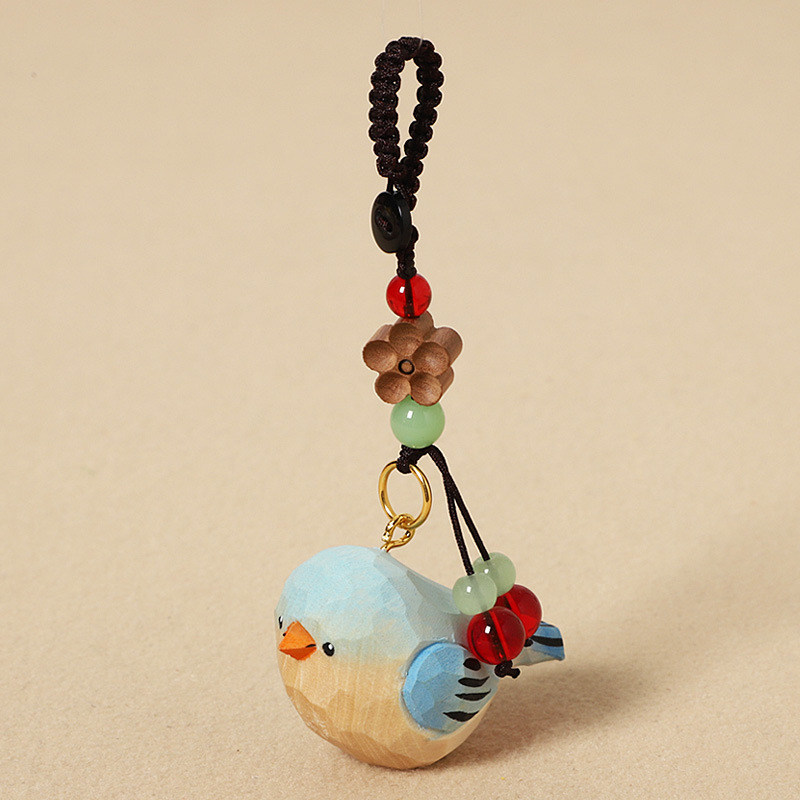 Wood Carving Blue Little Fat Bird - Peach Wood Plu
