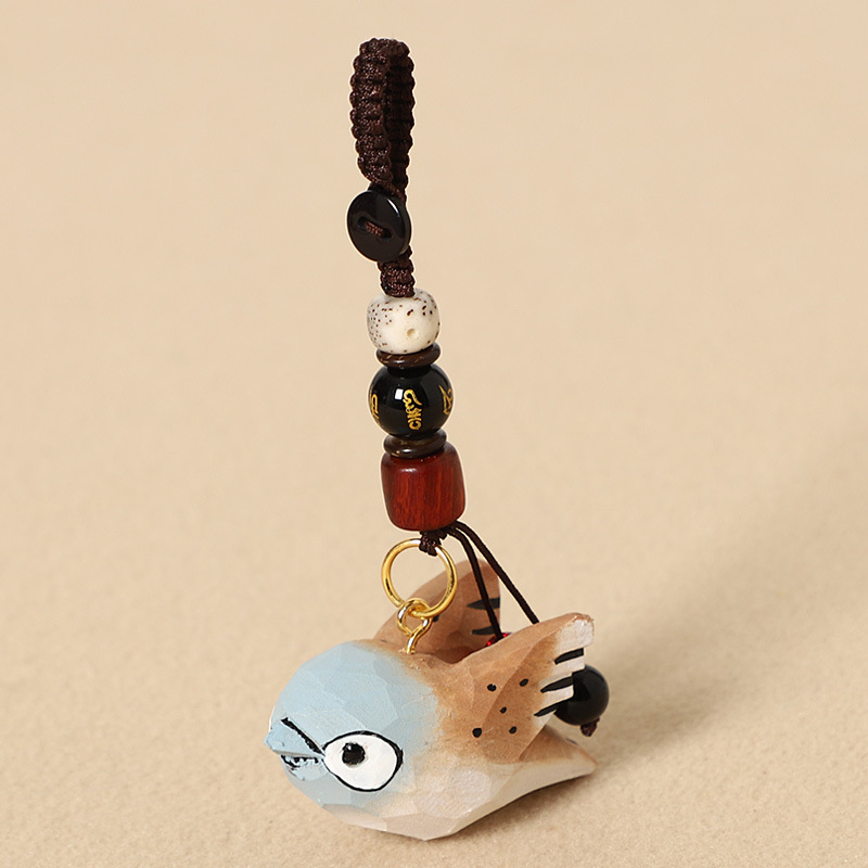 Wood-carved brown bird with wings - Six-character
