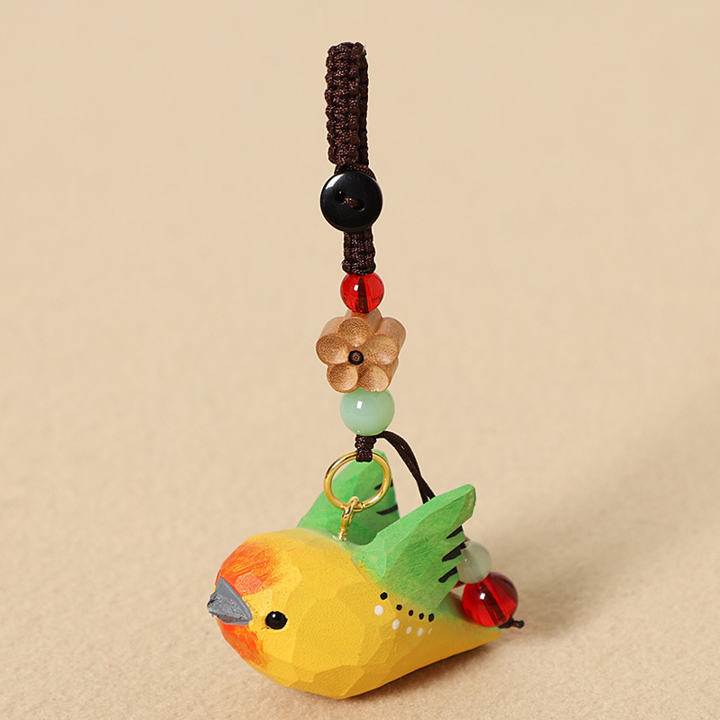 2:Wood Carving: Green Bird with Spreading Wings - Peach Wood Plum Blossom Design