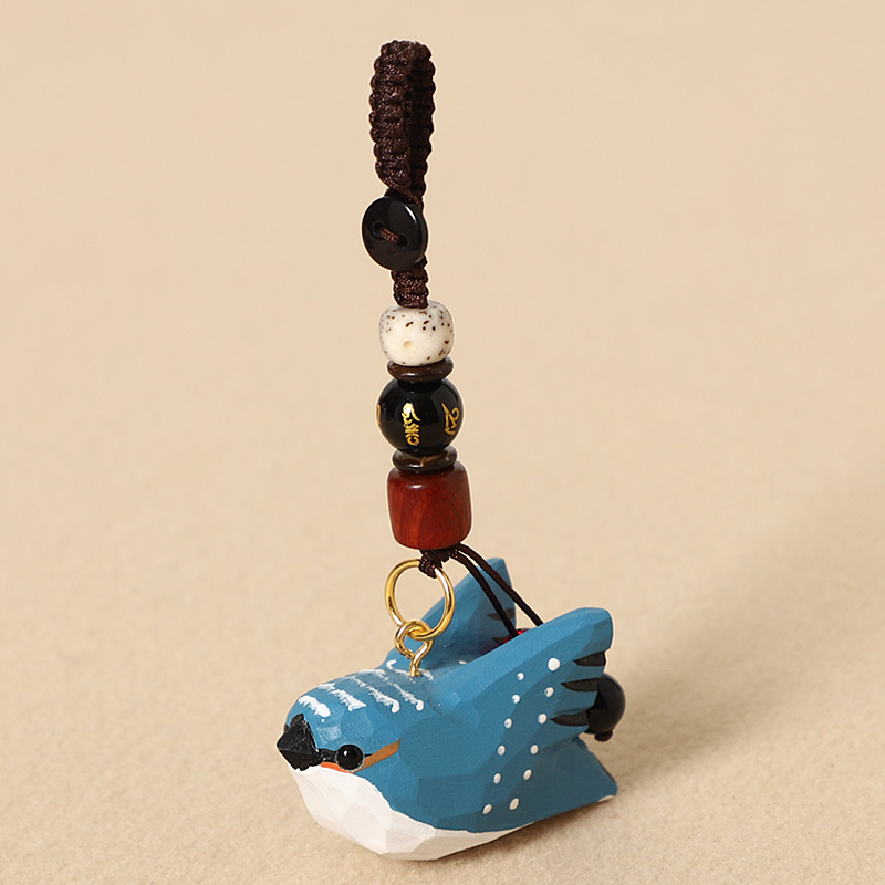 16:Wood-carved blue bird with wings - Six-character mantra version