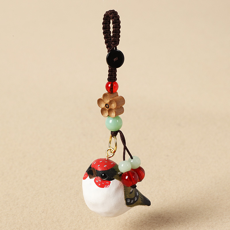 Wood carving red and green sparrow-peach wood plum