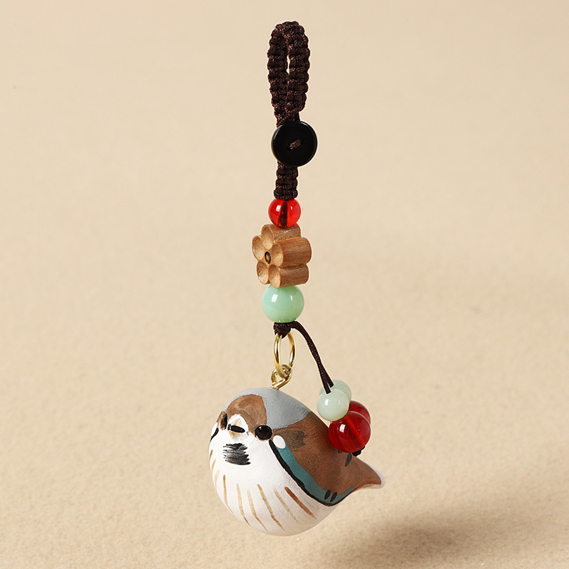 18:Wood carving brown and gray sparrow-peach wood plum blossom style