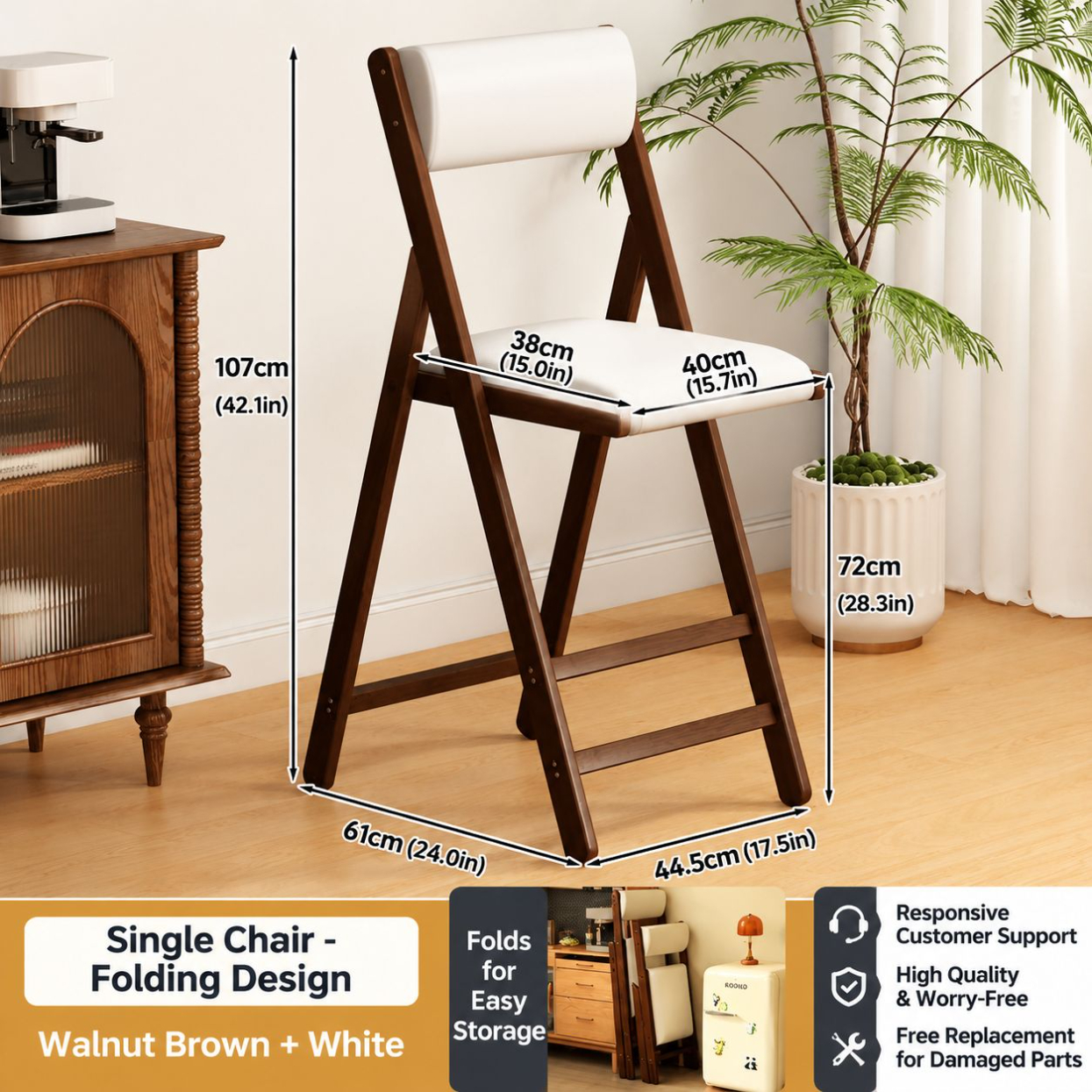 Bar chair 72-walnut folding chair-white cushion