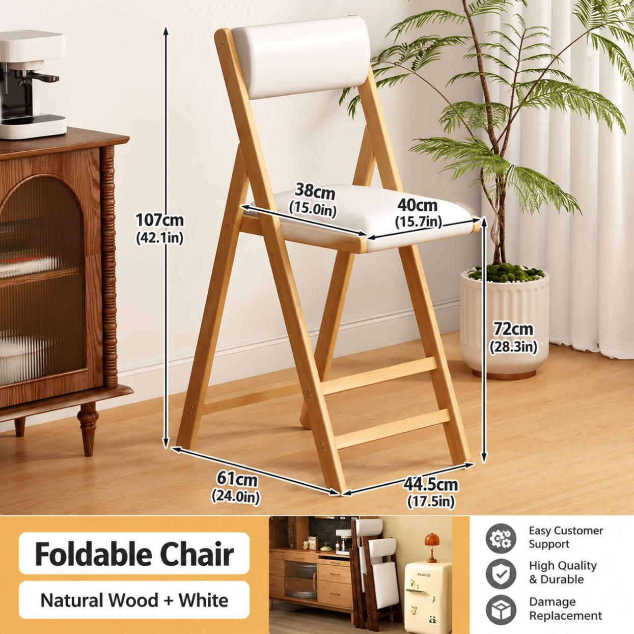Bar stool 72 - natural color folding chair - white cushion