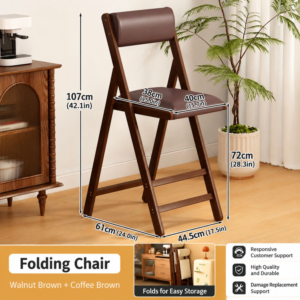 Bar chair 72-walnut folding chair-coffee cushion