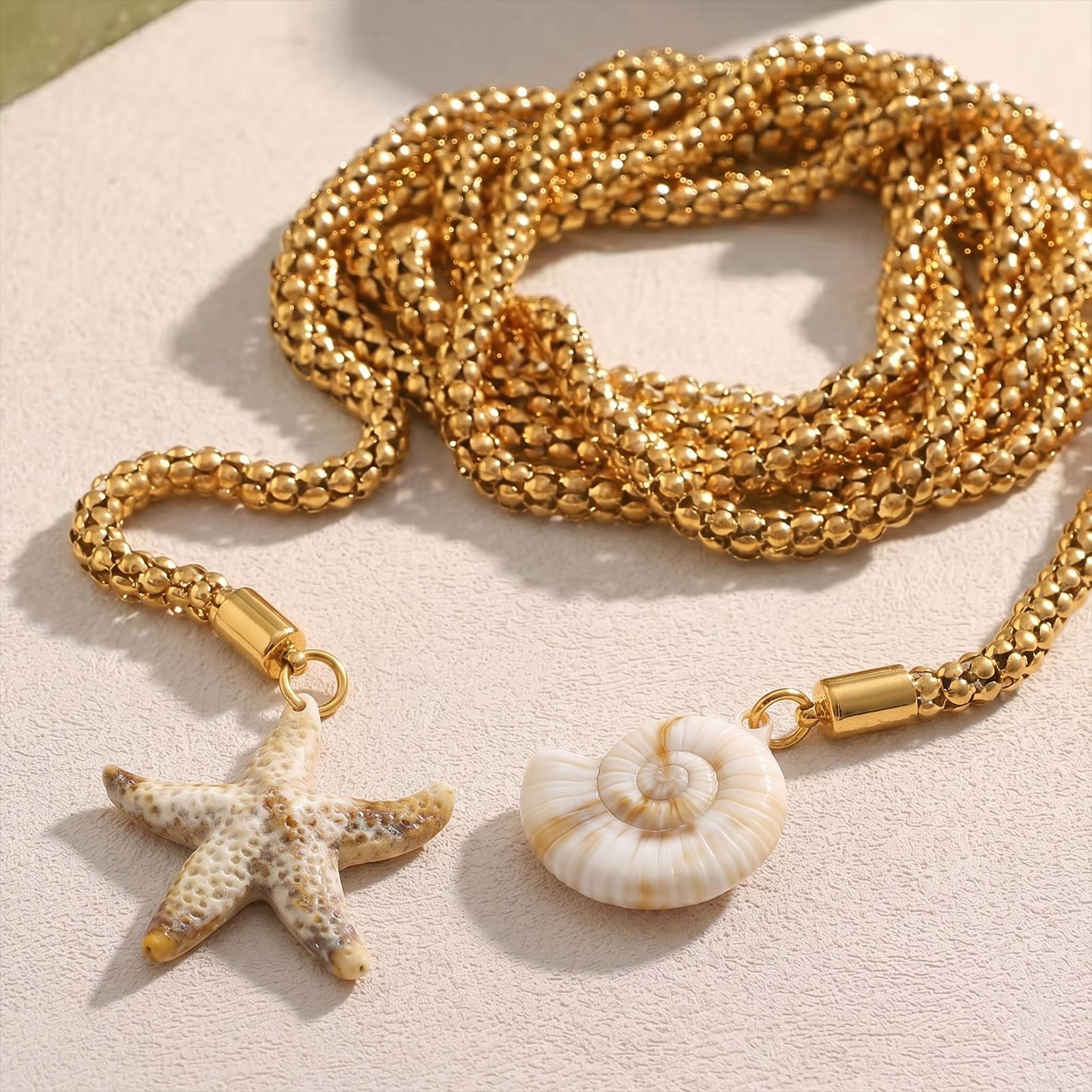 1:Starfish conch stainless steel thick chain long necklace gold