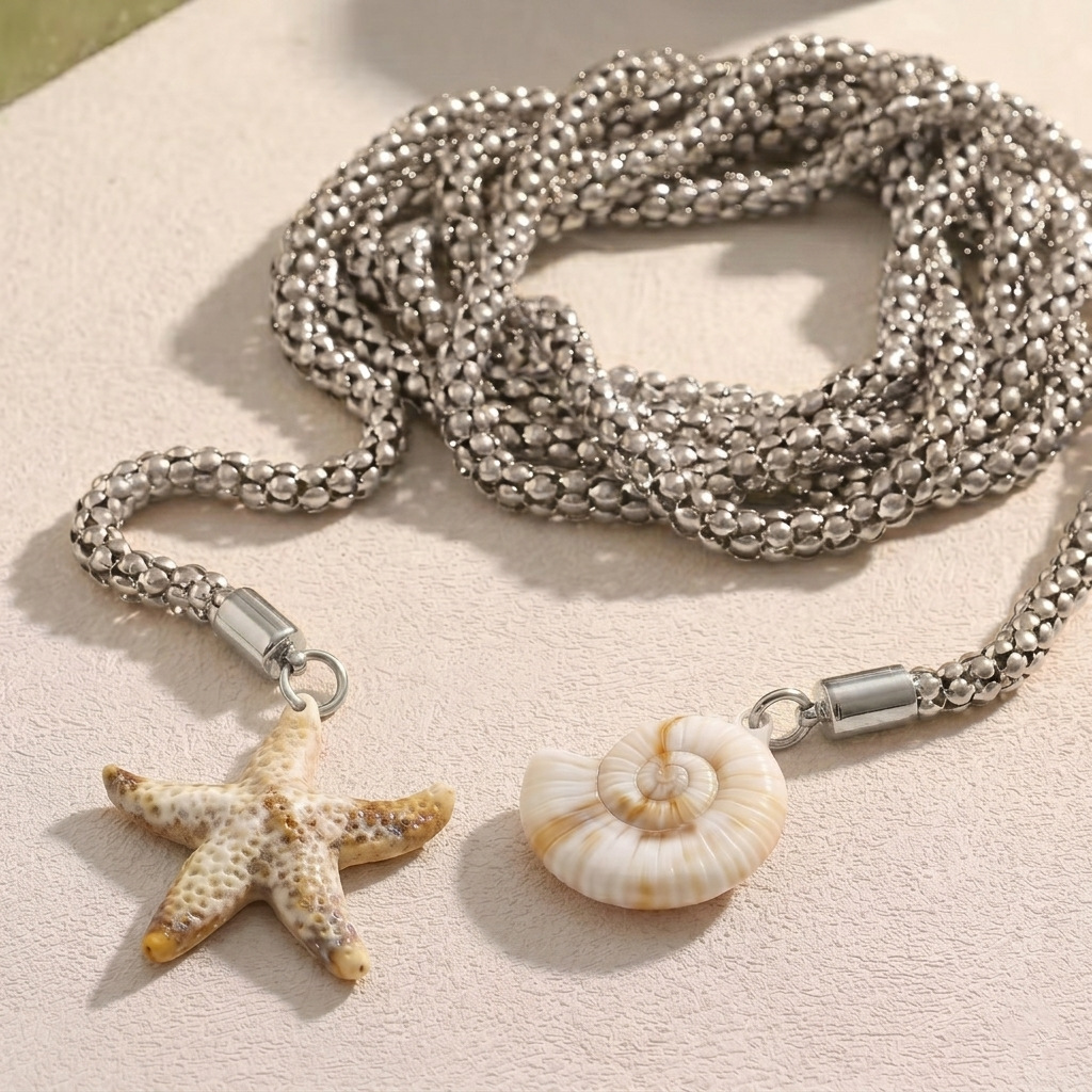 2:Starfish and conch stainless steel thick chain long necklace silver