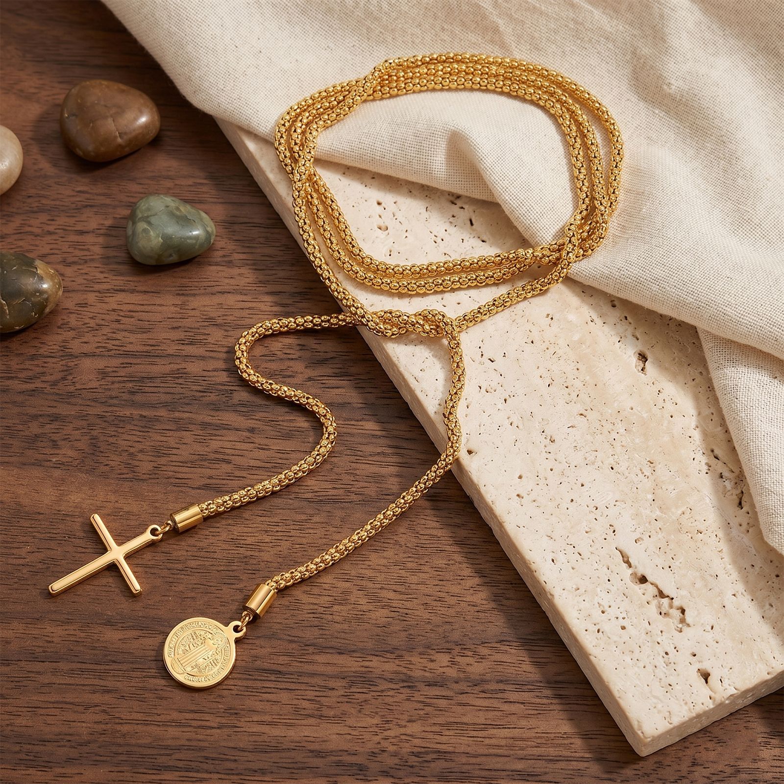 1:Cross st. benedict stainless steel thick chain long necklace gold