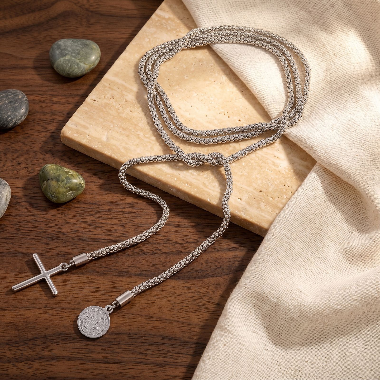 2:Cross st. benedict stainless steel thick chain long necklace silver