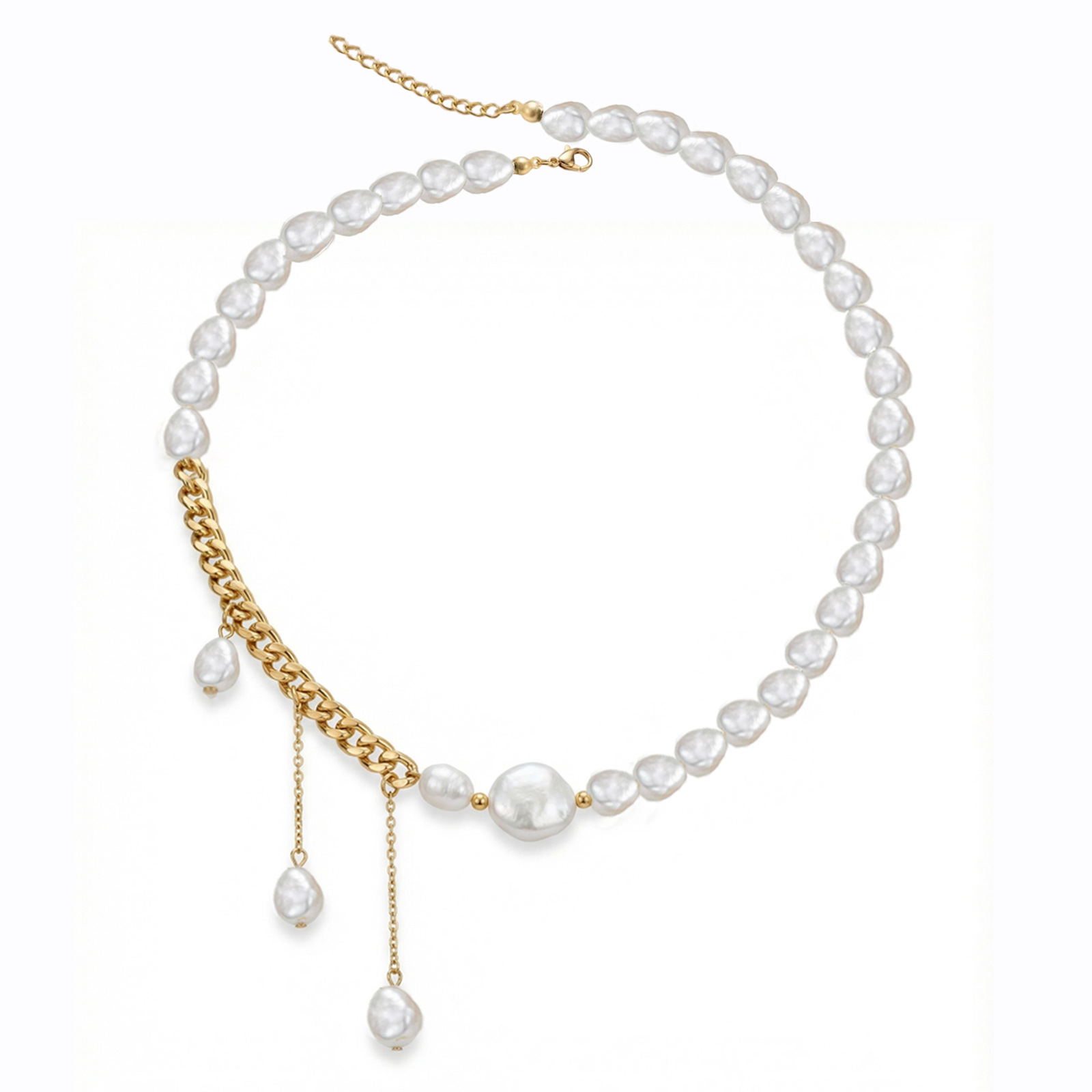 1:Stainless Steel Cuban Chain with Pearl Inlay Necklace in Gold Color