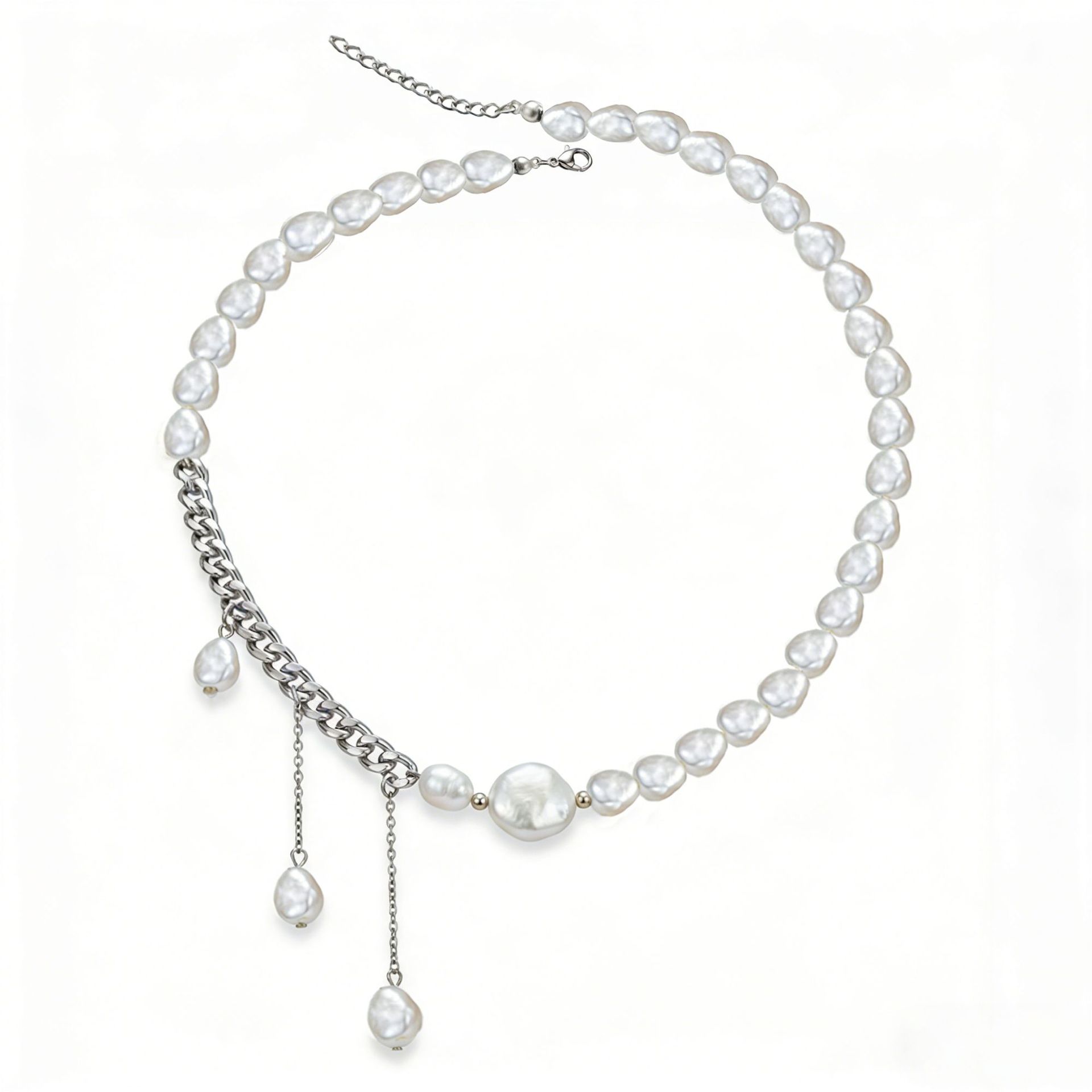 2:Stainless Steel Cuban Chain with Pearl Necklace in Silver