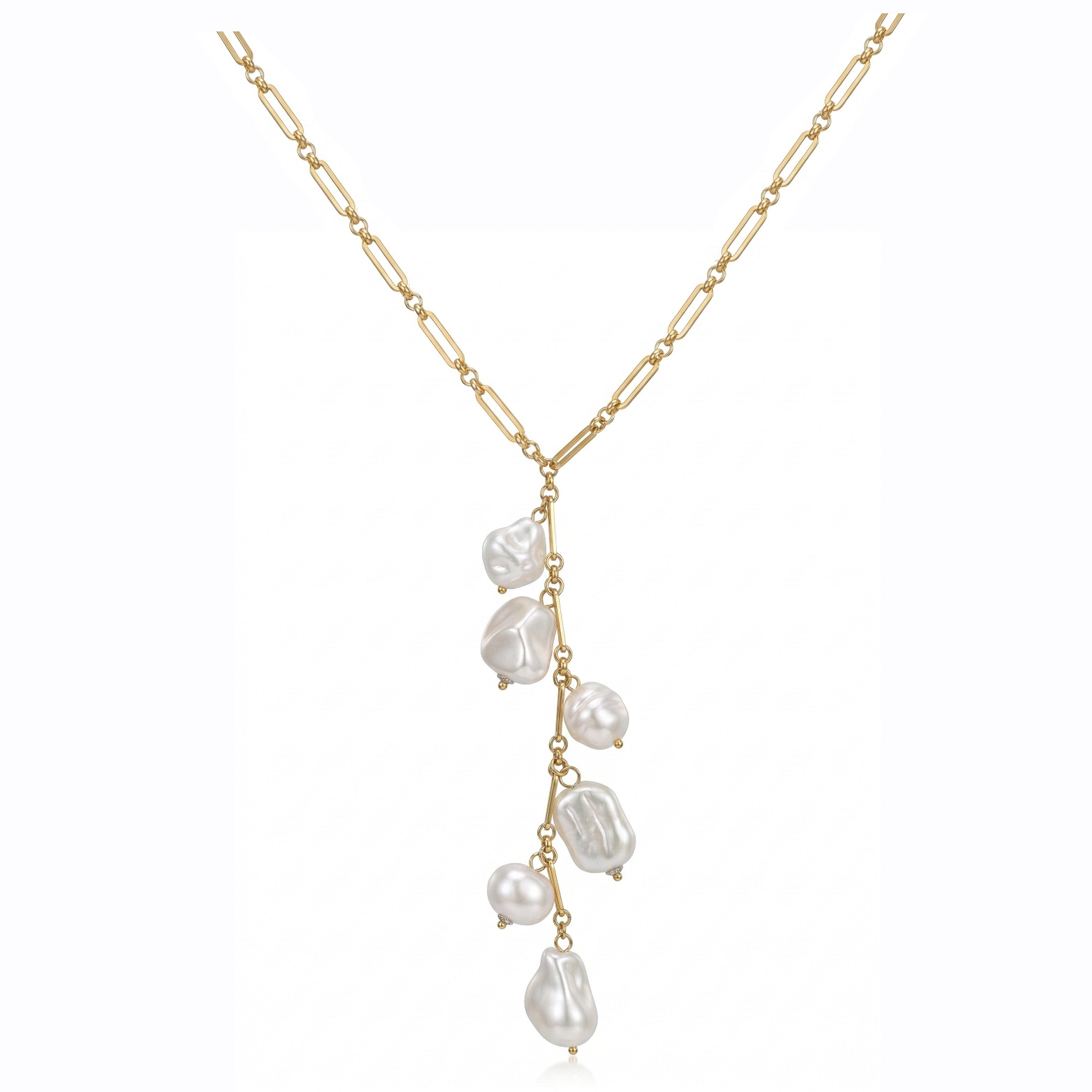 1:Baroque pearl tassel paperclip long necklace gold