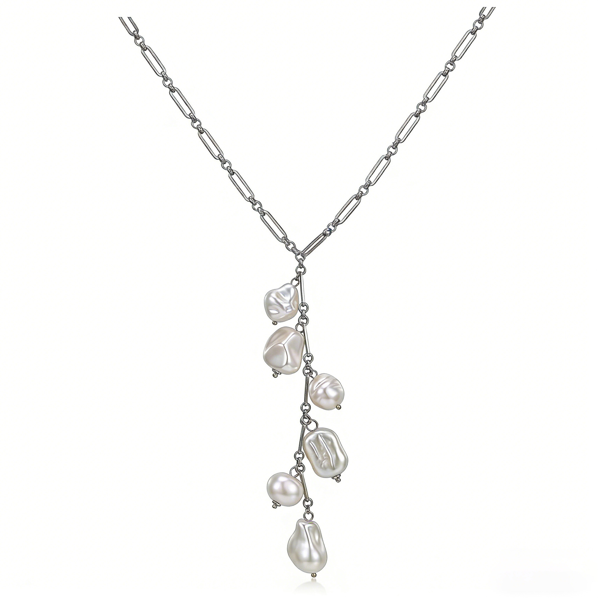 2:Baroque pearl tassel paperclip long necklace silver