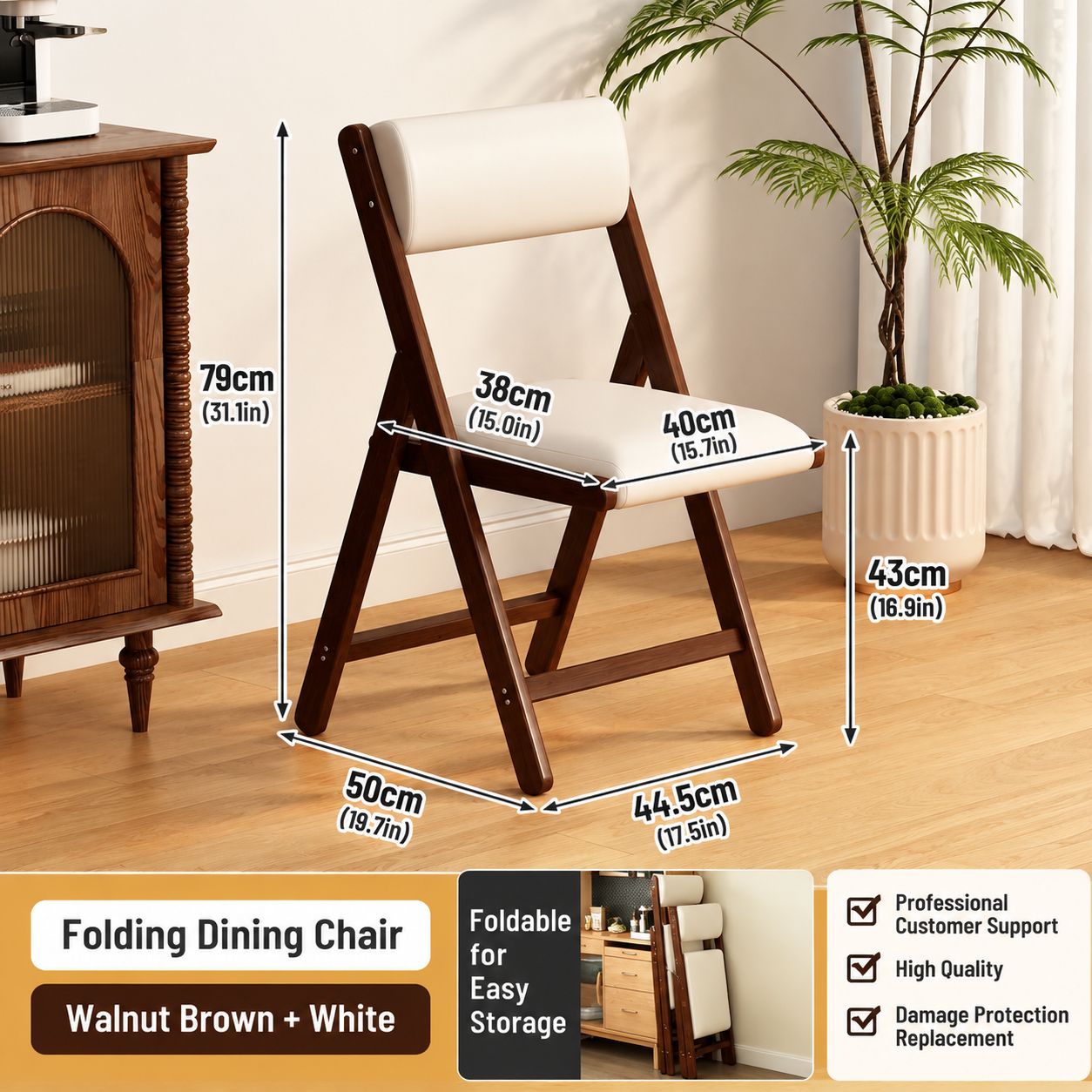 Household dining chair 43-walnut folding chair-white cushion