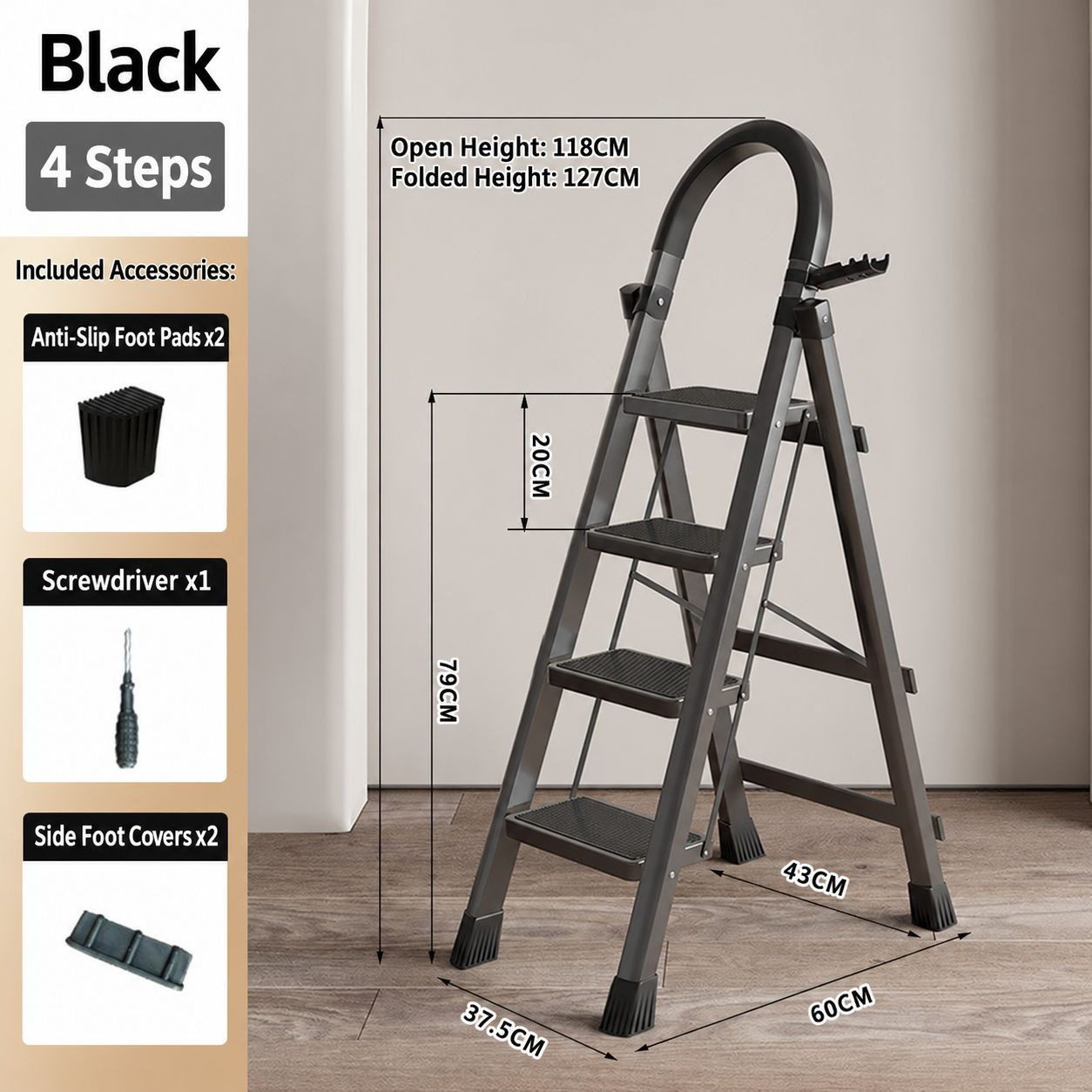 heavy-duty 400kg plastic step stool - black 4-step