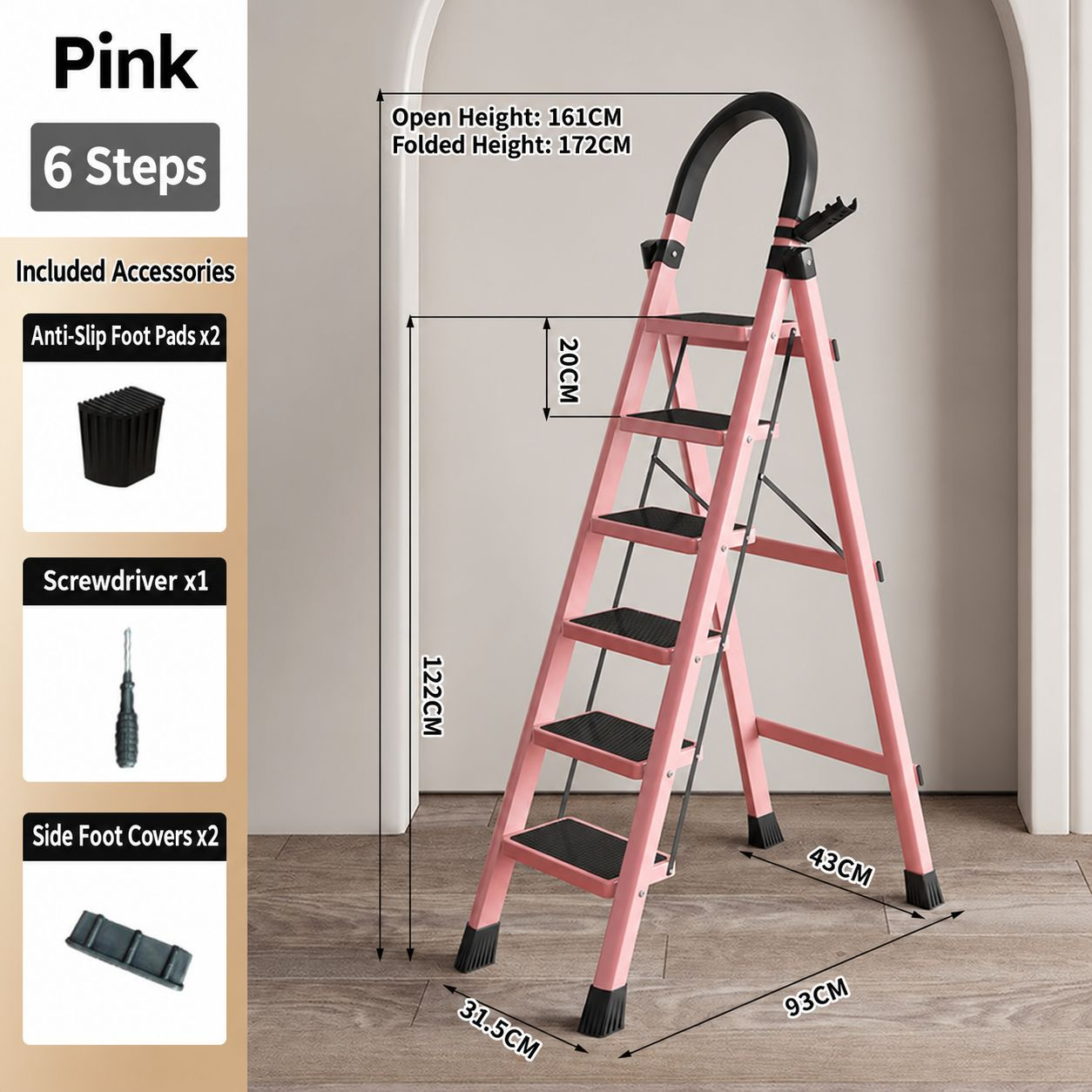 heavy-duty 400kg plastic step stool - pink 6-step