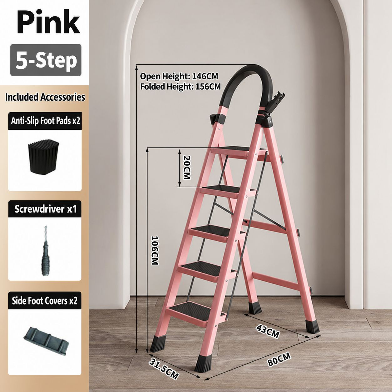 heavy-duty thickened 400kg plastic step stool - pink 5-step