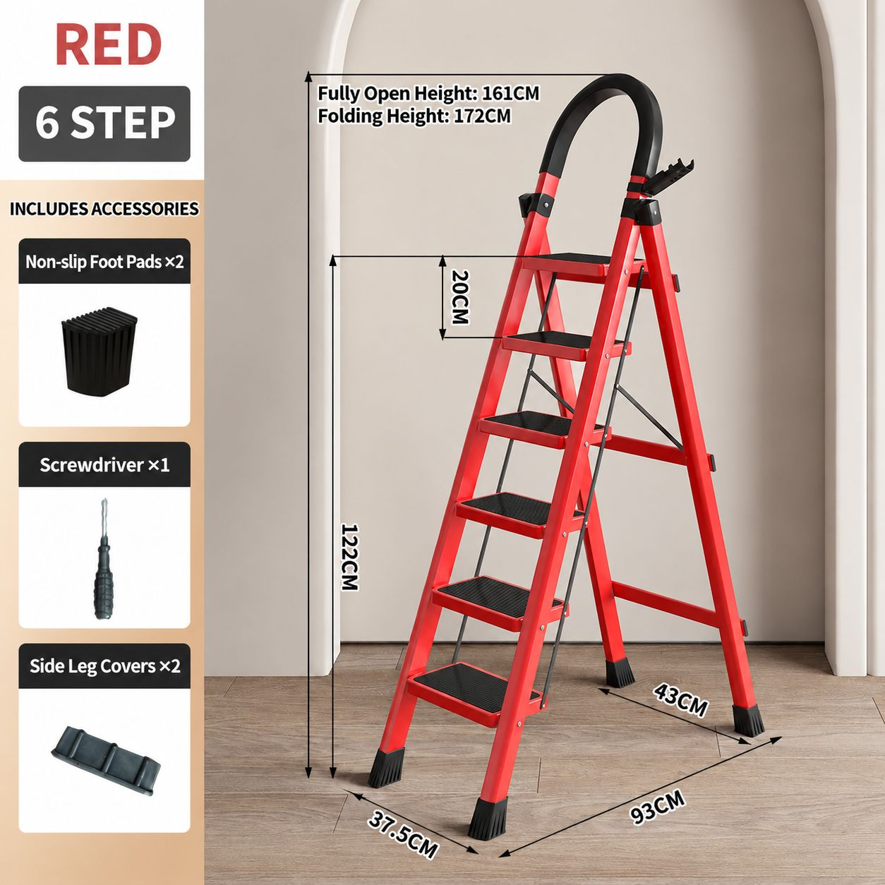 heavy-duty 400kg plastic step stool - red, 6-step