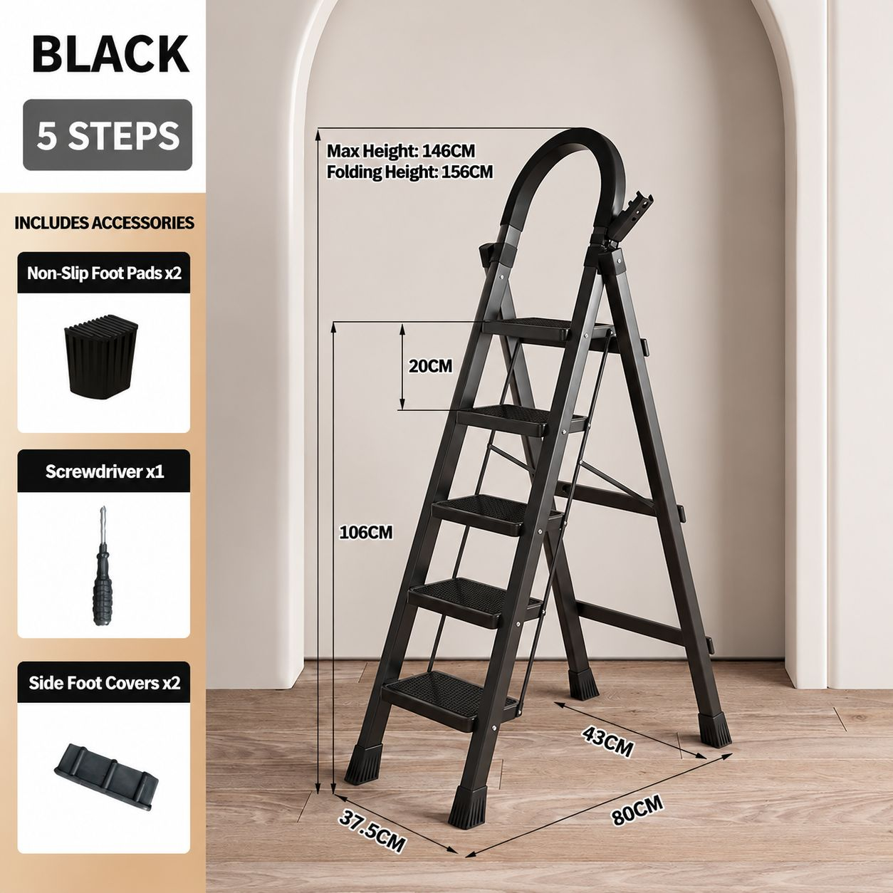 heavy-duty 400kg plastic step stool - black 5-step