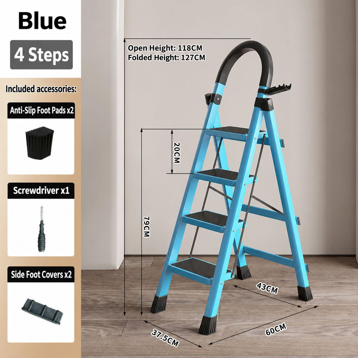heavy-duty 400kg plastic step stool - blue 4-step
