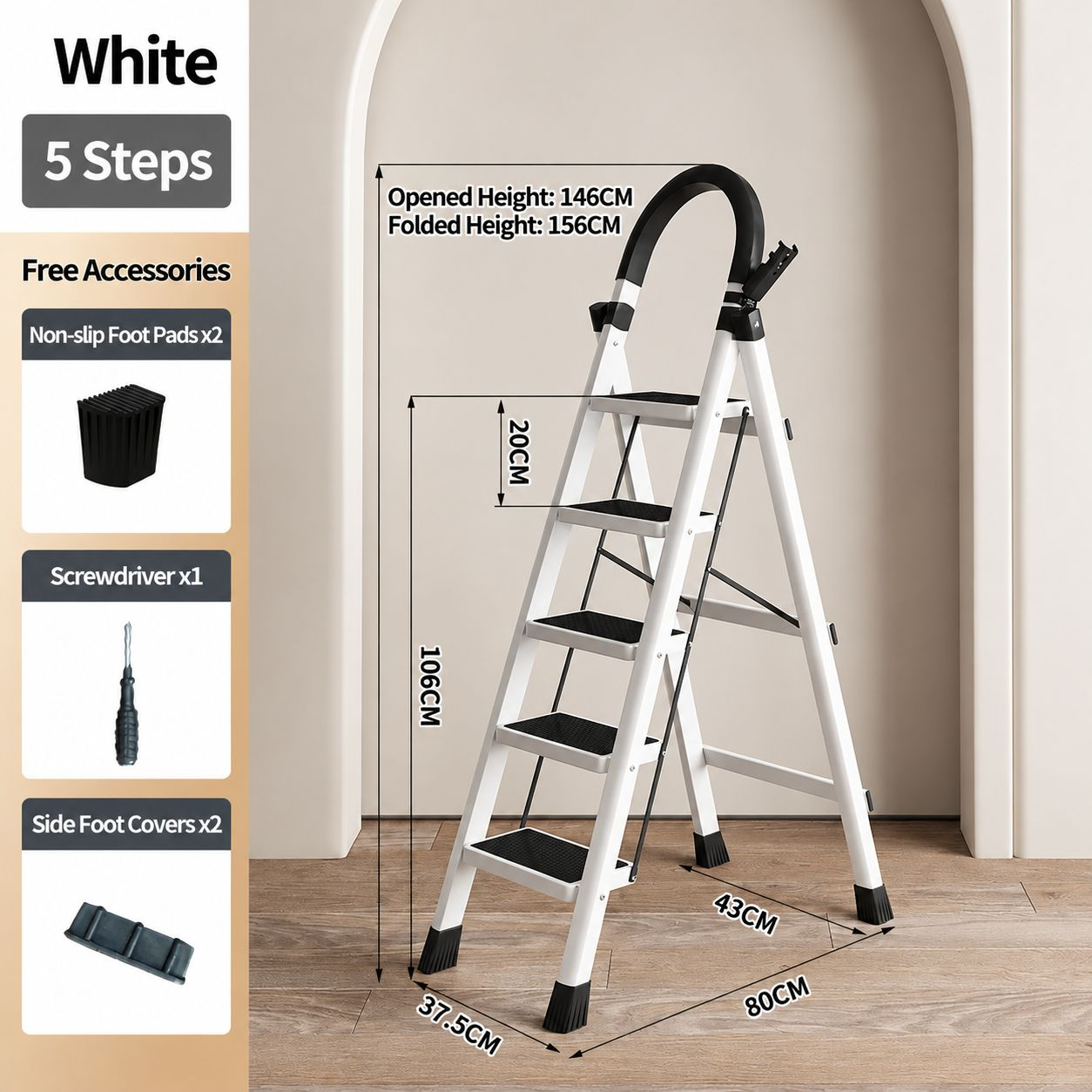 heavy-duty 400kg plastic step stool - white 5-step