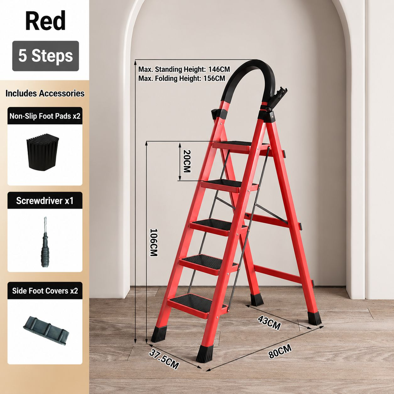 heavy-duty 400kg plastic step stool - red 5-step