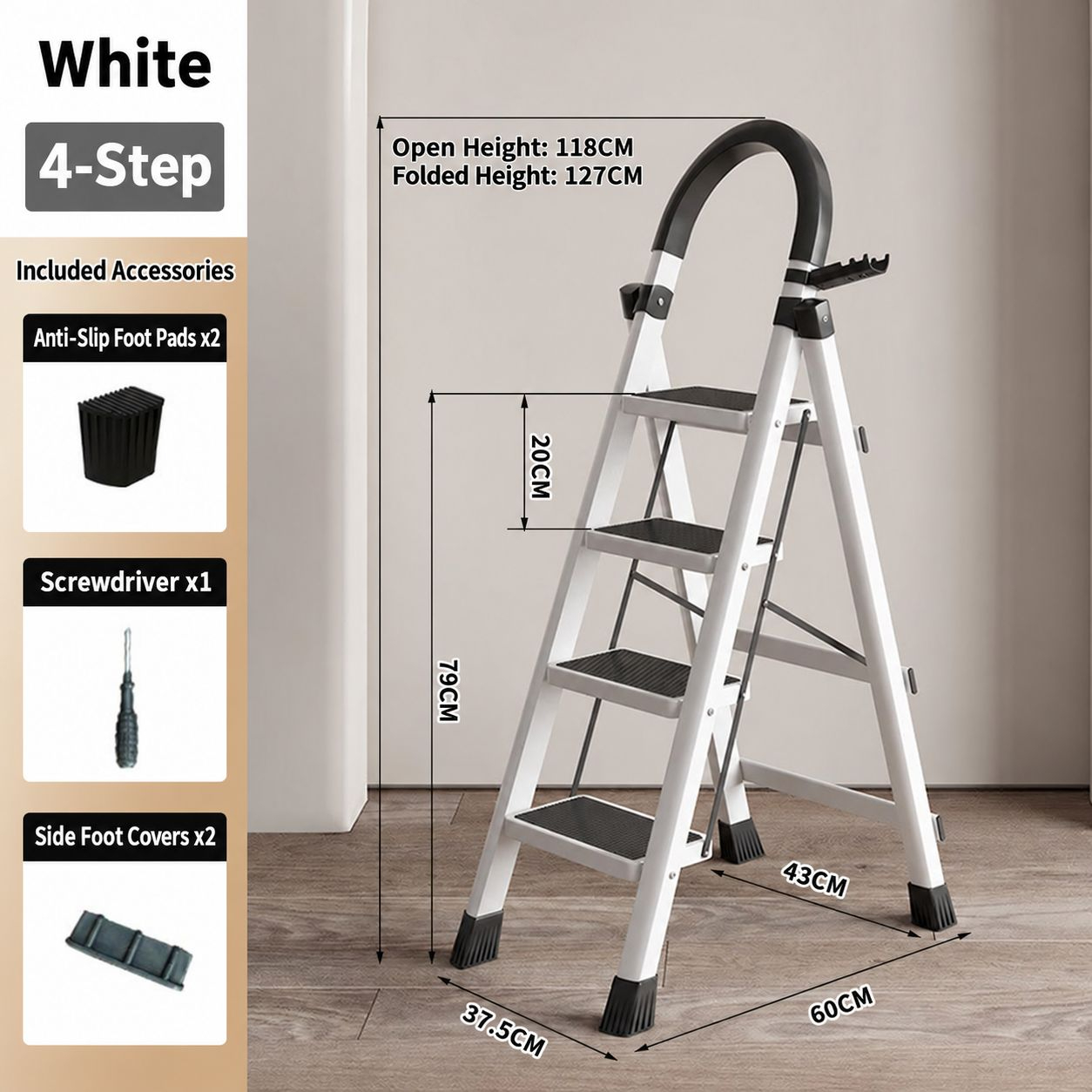 heavy-duty 400kg plastic step stool - white 4-step