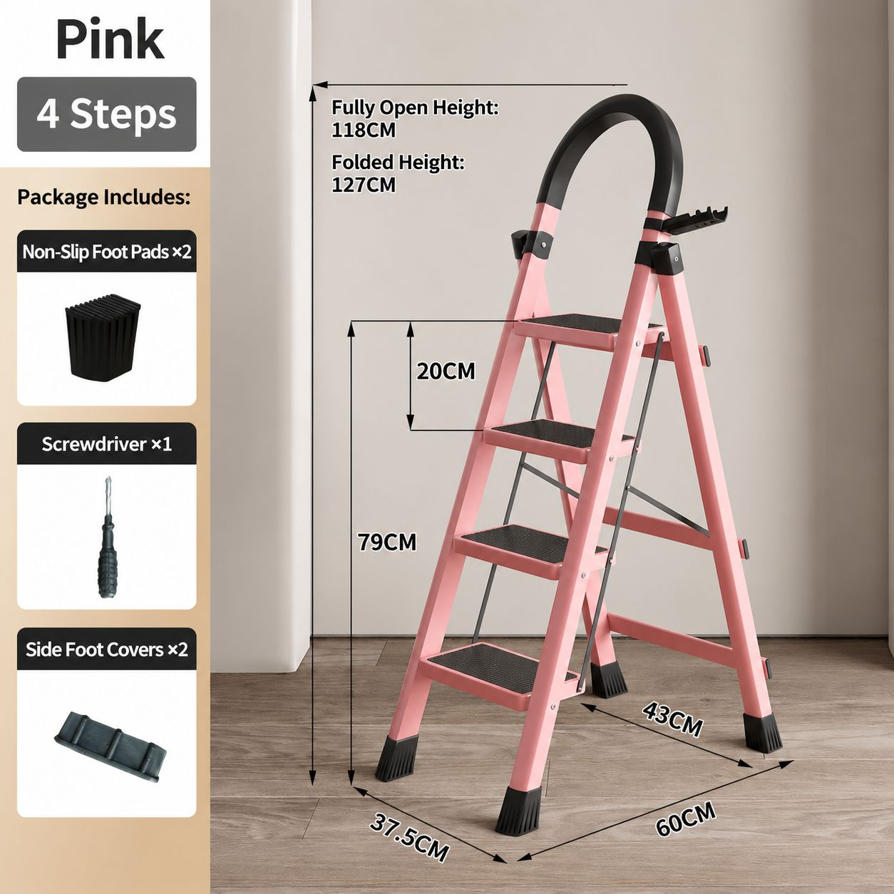 heavy-duty thickened 400kg plastic step stool - pink 4-step