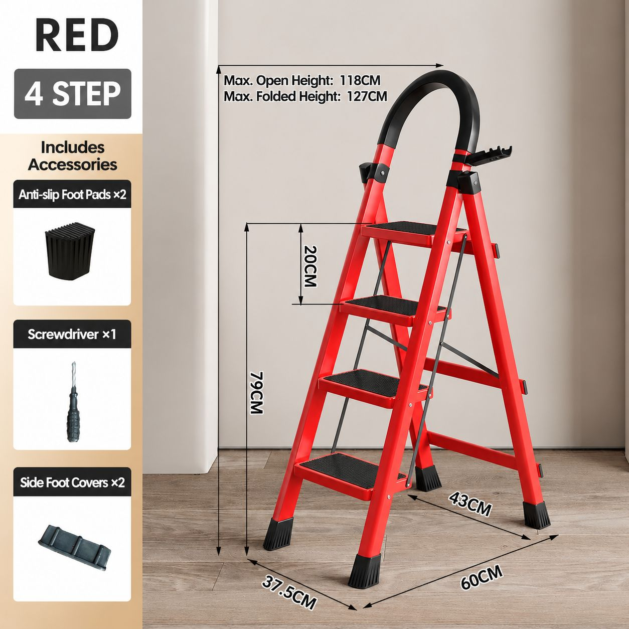 heavy-duty 400kg plastic step stool - red, 4-step