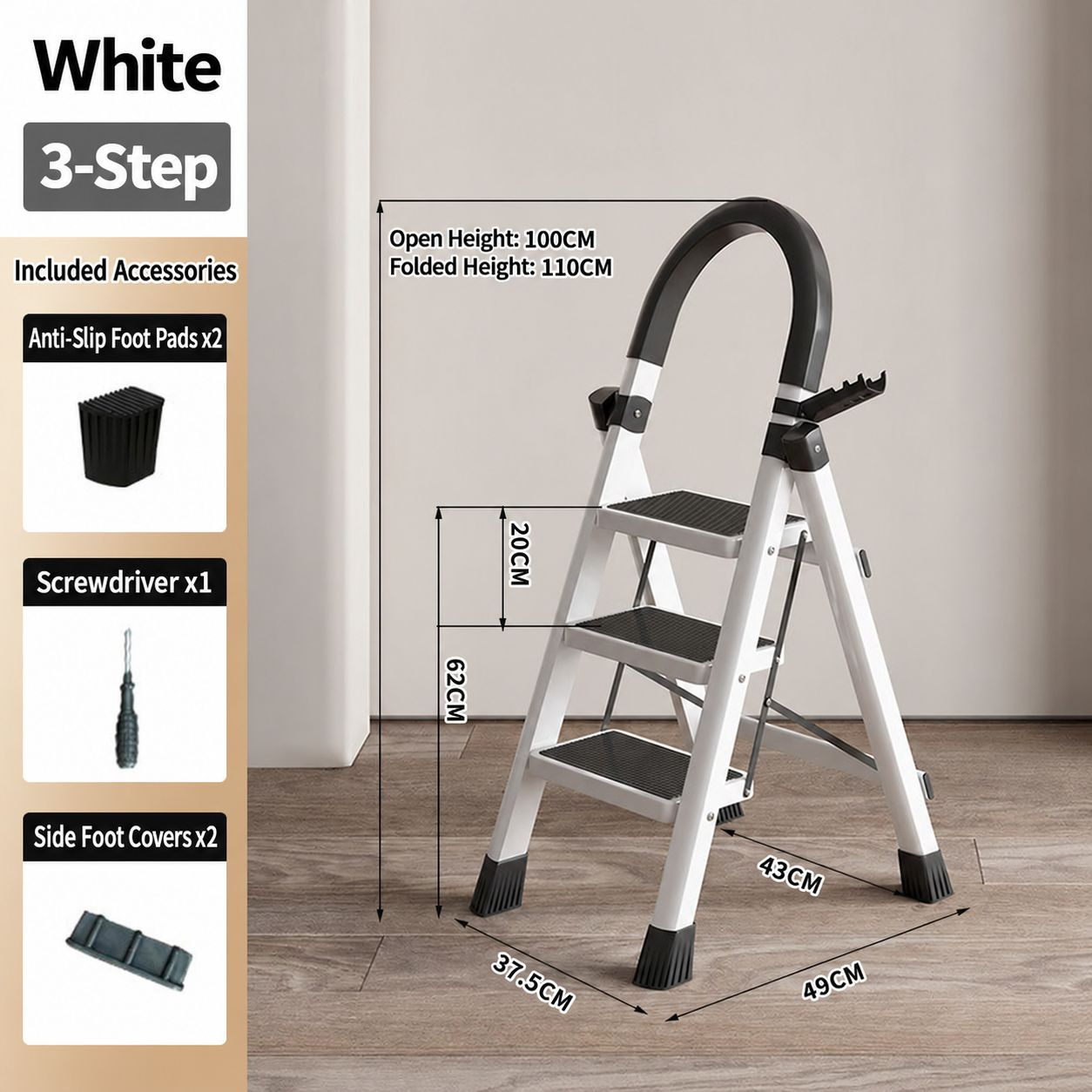 heavy-duty 400kg plastic step stool - white 3-step