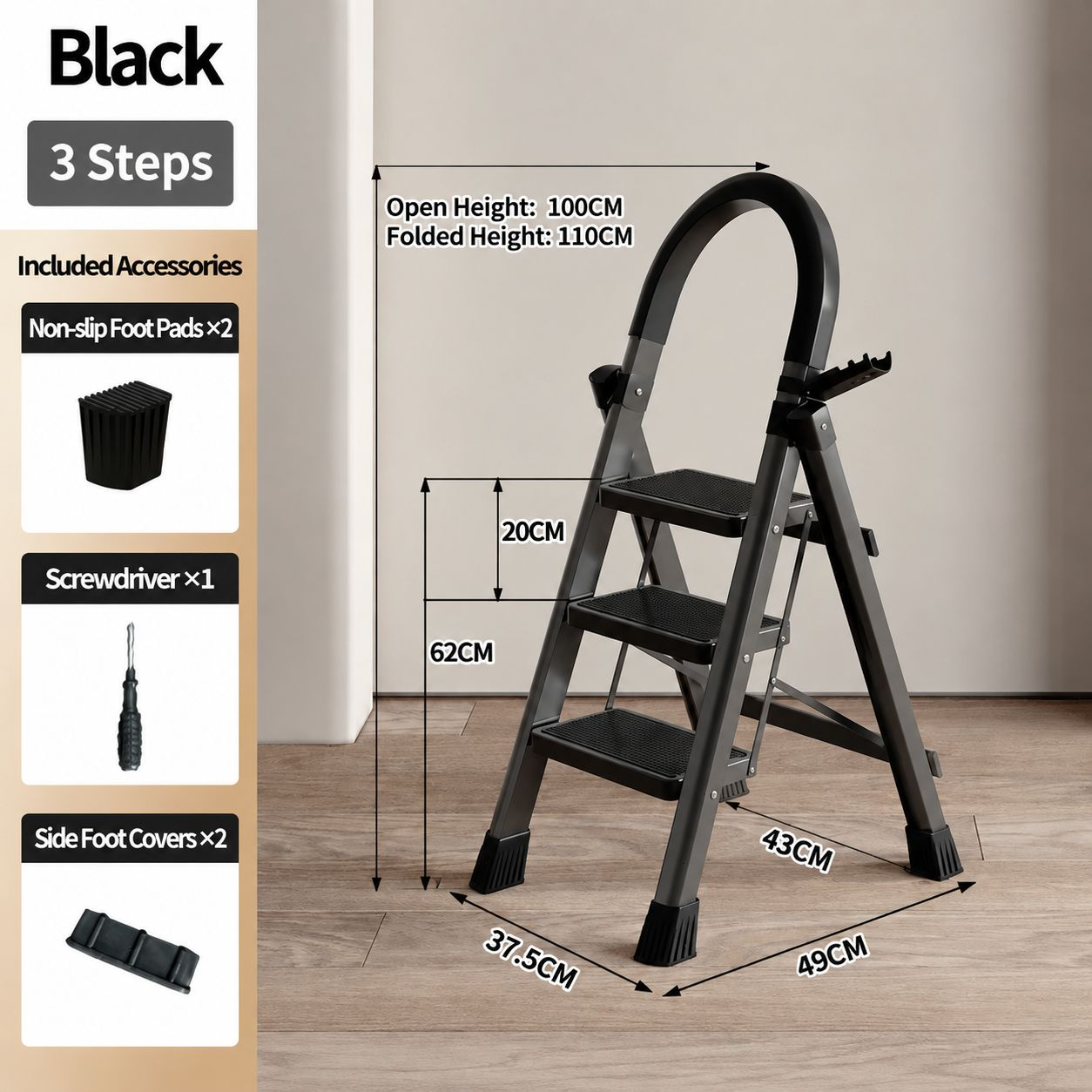 plastic step stool - black 3-step
