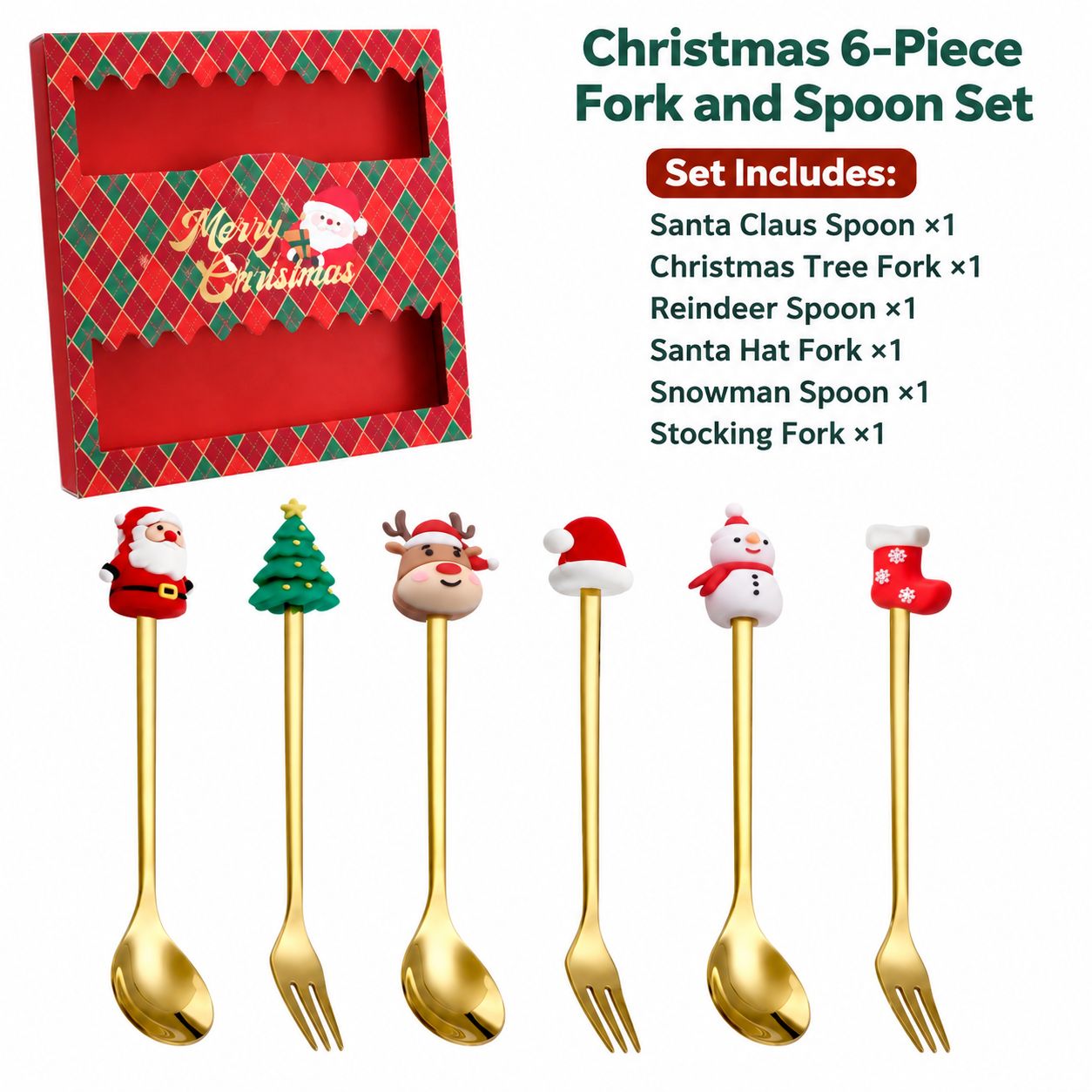 Christmas six-piece red box [old man spoon   round tree fork   elk spoon   hat fork   snowman spoon   socks fork]]