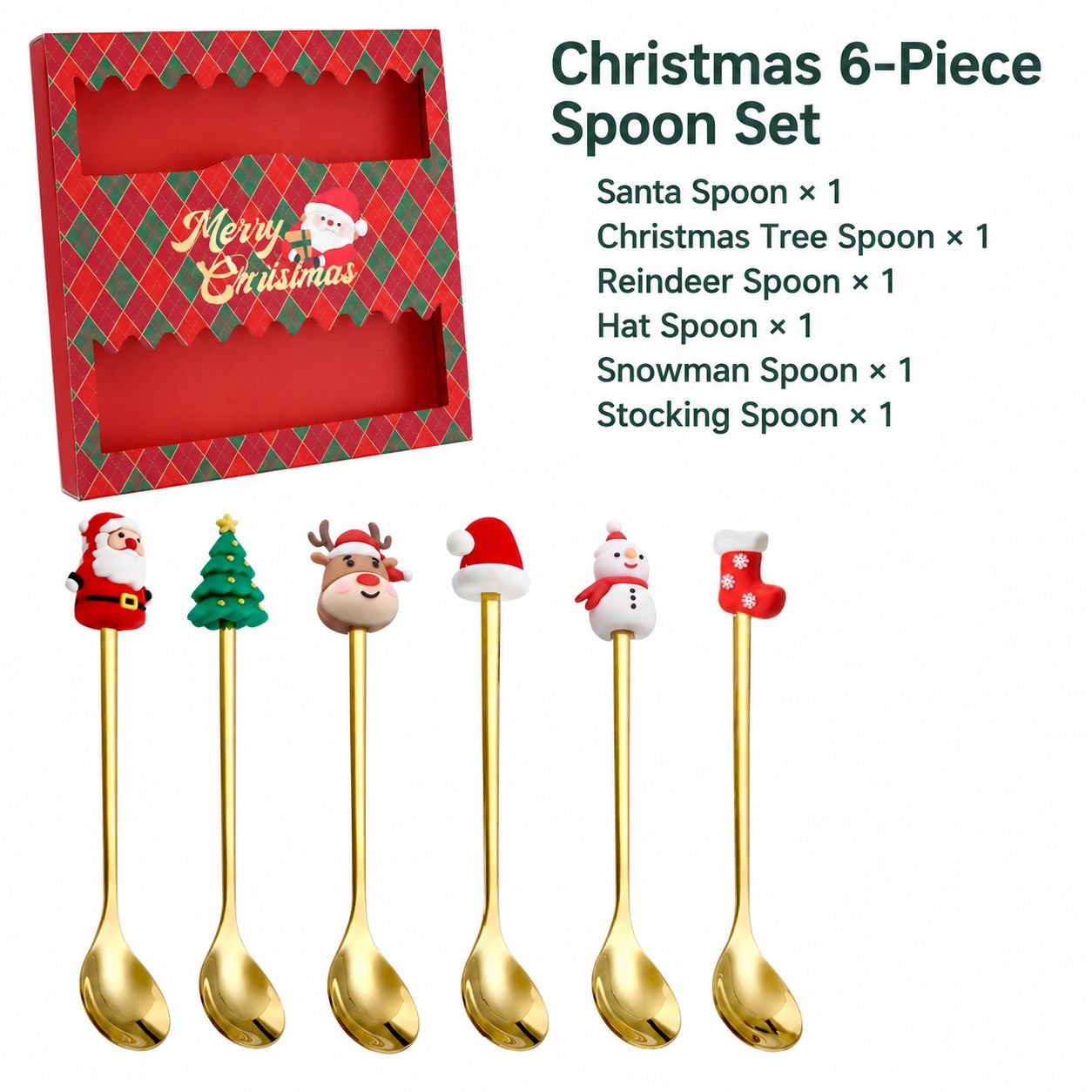 Christmas six-piece red box [old man spoon   round tree spoon   elk spoon   hat spoon   snowman spoon   socks spoon]]