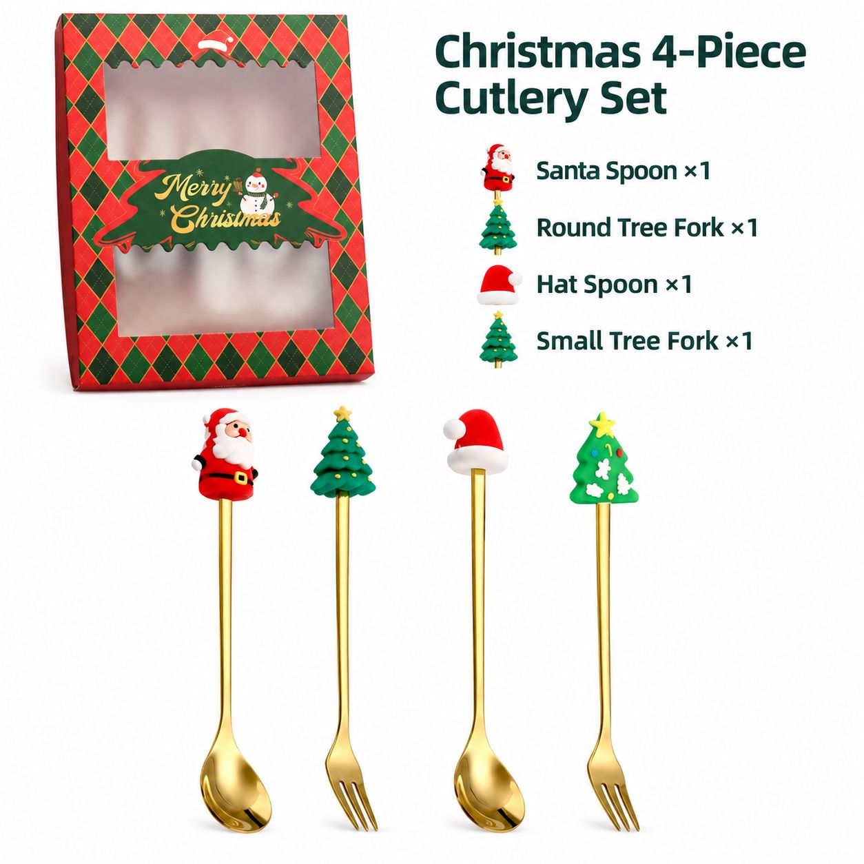 Christmas four-piece red box [old man spoon   round tree fork   hat spoon   small tree fork]]